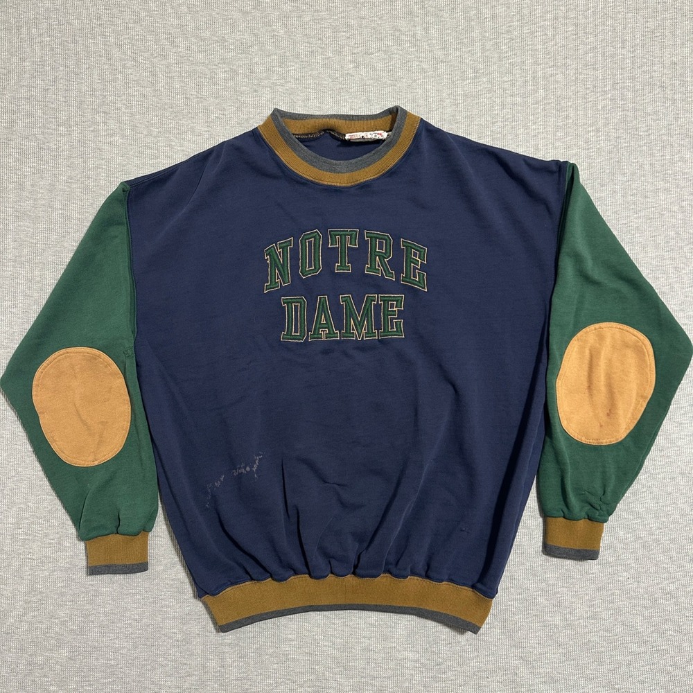 Vintage Team Edition Notre Dame Sweatshirt Large Navy Green Elbow Patches 90s